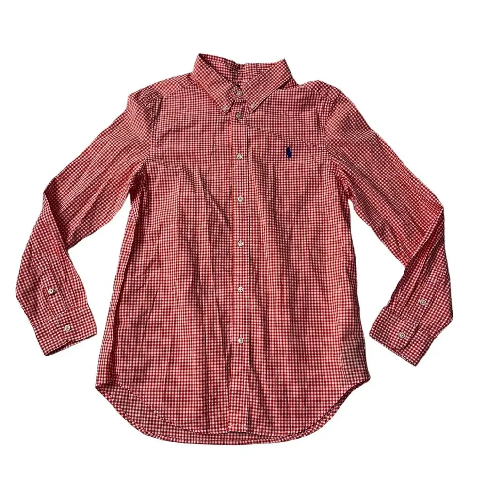 Ralph Lauren Boy's LG Orange & White Gingham Long Sleeve Dress Shirt